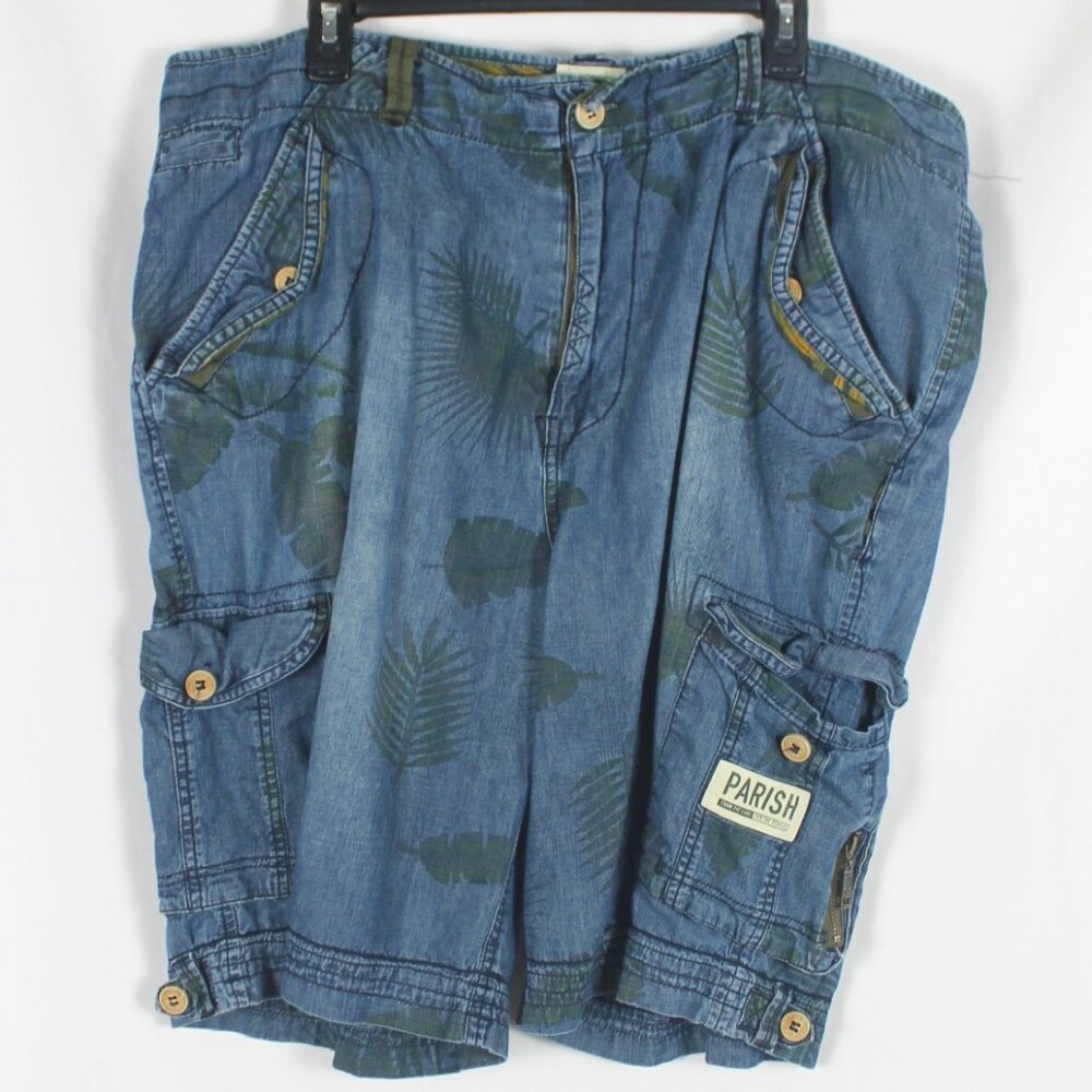 PARISH Denim Blue Cargo Shorts Men Size 40 Palm Tree AOP Pockets Zippers Cotton